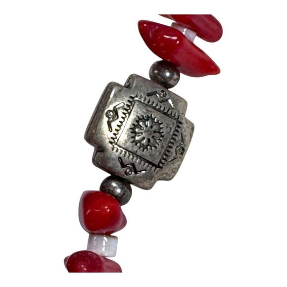 Handcrafted Red Coral Necklace Faux Turquoise Pendant Southwest & Silver Accents - Picture 4 of 7